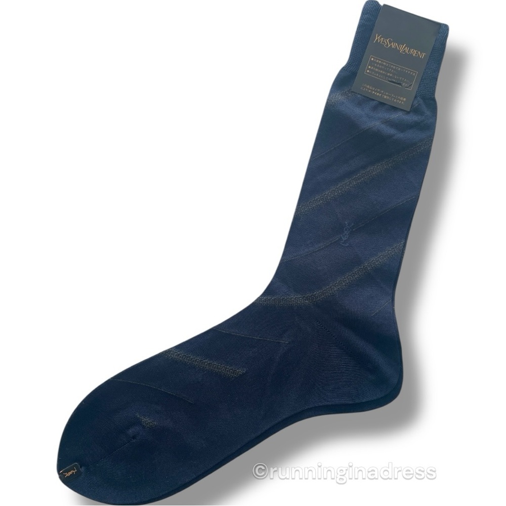 YSL Logo Men's Geometric Pattern YSL
Embroidery Dress Socks In Blue & Brown - Picture 2 of 9